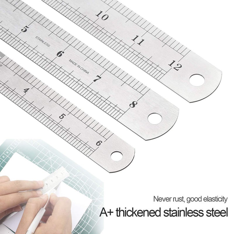 Elisel 3 PCS Stainless Steel Ruler Set with Inch and Metric Graduation, 12 Inch, 8 Inch and 6 Inch(Silvery) - Image 4